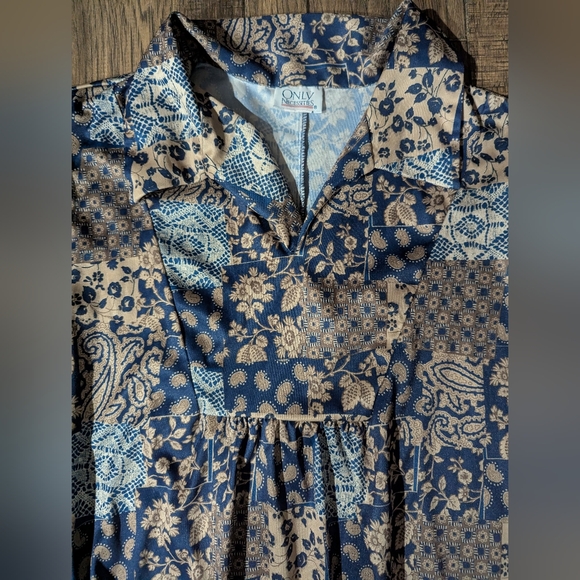 Only Necessities Womens 1X Grannie Core Blue Gold Print Rayon Maxi Nightgown VTG - Picture 3 of 14